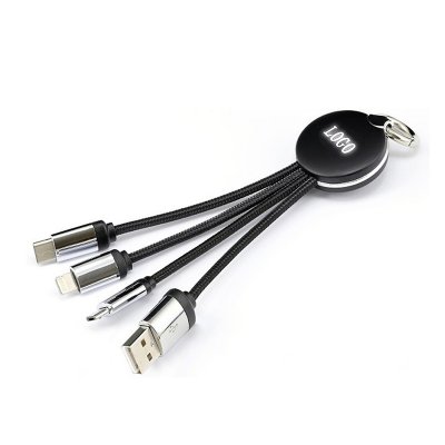 3-in-1 power cable with tag and white LED logo, black colour (ACC041)