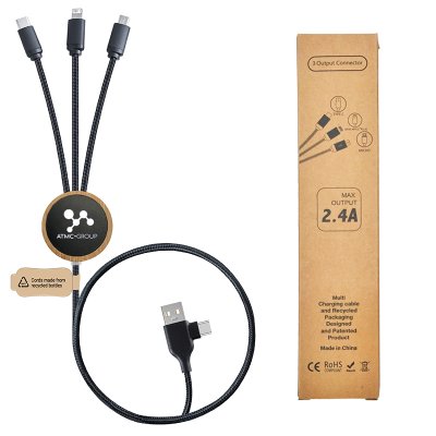 6-IN-1 BAMBOO POWER (CHARGING) USB CABLE, WITH LED LOGO, RECYCLED PAPER BOX