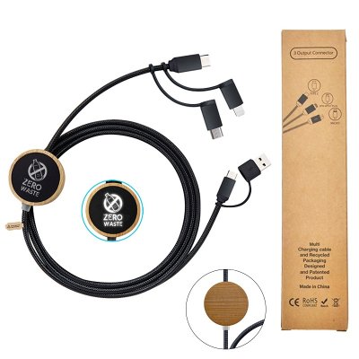 DATA AND PD 60W FAST-CHARGING USB CABLE 6-IN-1
WITH LED LOGO, BAMBOO + RECYCLED PLASTIC, IN RECYCLED PAPER BOX