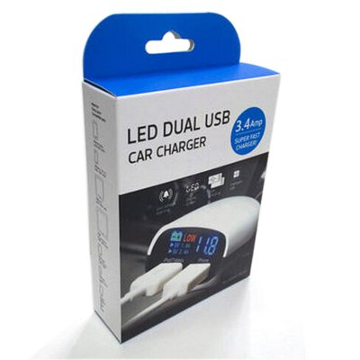 Dual car USB charger (3,4 A) with LED display and adjustable positioning, white-black colour (CLA034)