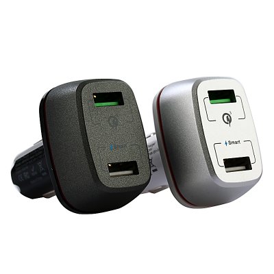 Quick charging USB car charger with 2 outputs, black colour (CLA0283)