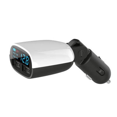 Dual car USB charger (3,4 A) with LED display and adjustable positioning, white-black colour (CLA034)