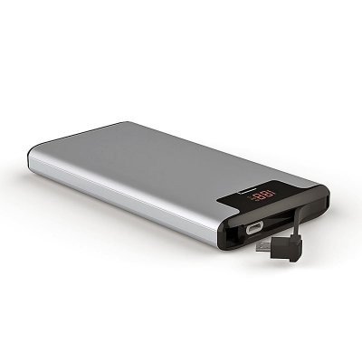Luxury metal power bank with built-in cable and display, 10000 mAh, silver colour (PBA10092)