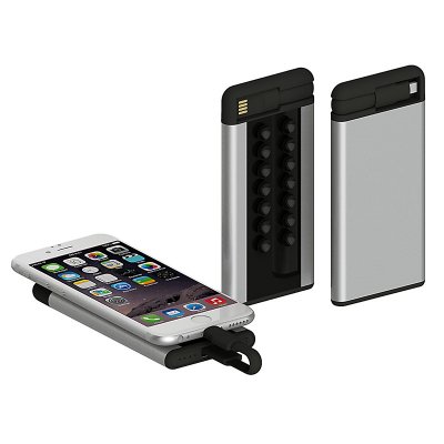 Slim power banks with suction cups and inserted power cable, 4000 mAh, silver colour (PBA4090)