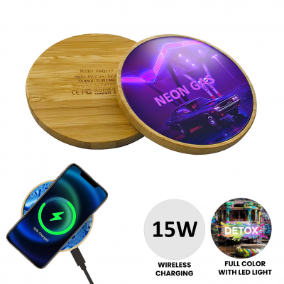 BAMBOO WIRELESS FAST CHARGER 15 W
WITH TEMPERED GLASS AND LED LOGO, FSC