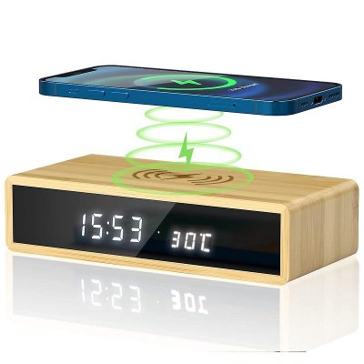 BAMBOO WIRELESS CHARGER WITH CLOCK, ALARM, AND THERMOMETER