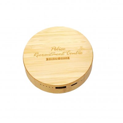 ROUND BAMBOO (FSC) POWER BANK WITH WIRELESS CHARGING, 5000 MAH