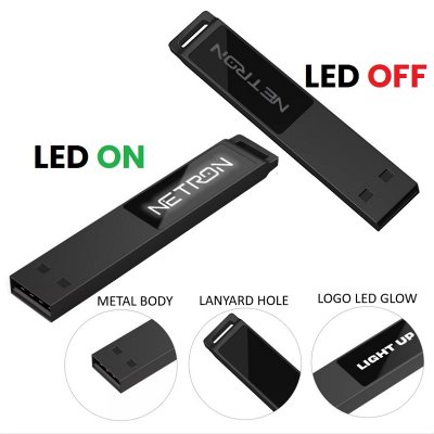 Slim metal USB flash drive with white LED logo, 2.0 32GB, black colour (UDM1192)