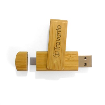 ROTATING BAMBOO USB FLASH DRIVE WITH USB-C (TYPE-C) AND USB-A CONNECTORS