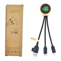 SHORT USB 4-IN-1 POWER CABLE WITH LED LOGO, BAMBOO, IN A RECYCLED PAPER BOX