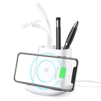 PHONE AND PEN STAND WITH WIRELESS CHARGING, USB LAMP AND FAN