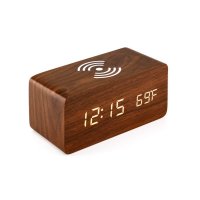 Wireless charger with clock, alarm clock  and thermometer, brown colour (PBQ082)
