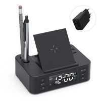 WIRELESS 15W FAST-CHARGER WITH CLOCK, ALARM AND PEN HOLDER, WITH EU WALL CHARGER