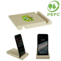 LARGE WOODEN STAND FOR PHONE / TABLET, PEFC CERTIFIED, MADE IN EU, INCLUDING CARDBOARD LABEL WITH CMYK LOGO