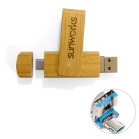 ROTATING BAMBOO 3-IN-1 USB 3.0 FLASH DRIVE WITH TYPE-C AND ADJUSTABLE USB A / MICRO USB CONNECTORS