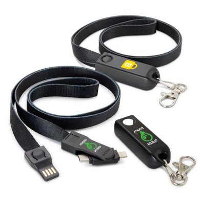 3 in 1 power cable in neck strap (lanyard), with USB-C (Type-C), Lightning and micro USB