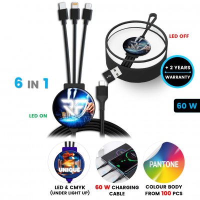 60 W charging USB cable 6-in-1 CHARGLO, with CMYK + LED logo and custom color option, in luxury box