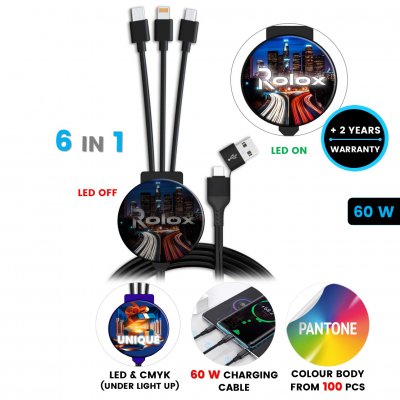 60 W charging USB cable 6-in-1 CHARGLO, with CMYK + LED logo and custom color option