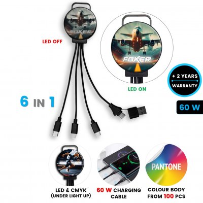 60 W charging USB cable 6-in-1 ZYRCLE, with CMYK + LED logo