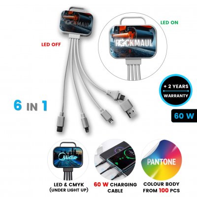 60 W charging USB cable 6-in-1 SQUARO, with CMYK + LED logo