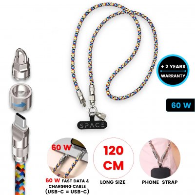 60 W USB charging cable in lanyard, USB-C => USB-C