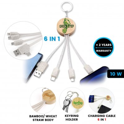 6-in-1 round bamboo USB charging cable