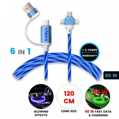 Illuminated data and charging USB cable 6-in-1 LUMIO