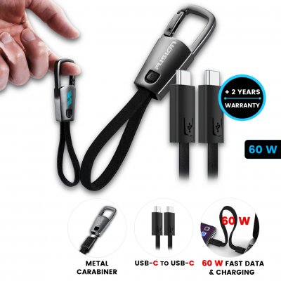 60 W short data and charging USB cable CLIPCORD, with carabiner