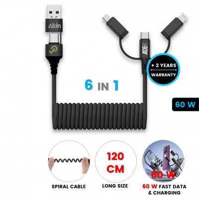 60 W data and charging USB cable 6-in-1 SPIRAL