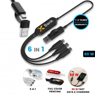 60 W data and charging USB cable 6-in-1 with large logo area