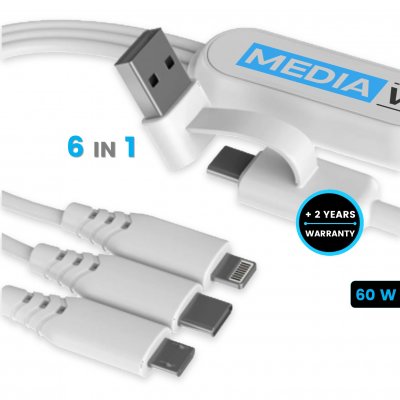 60 W data and charging USB cable 6-in-1 with large logo area