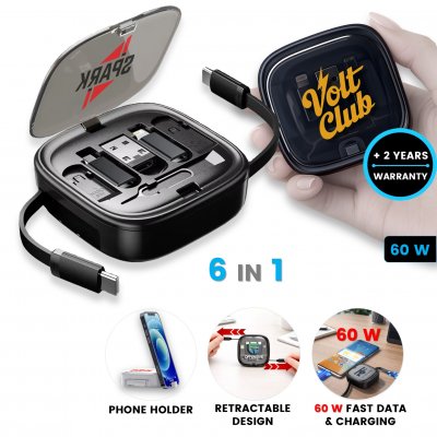 60 W multifunction retractable data and charging cable with additional connectors, in case with stand