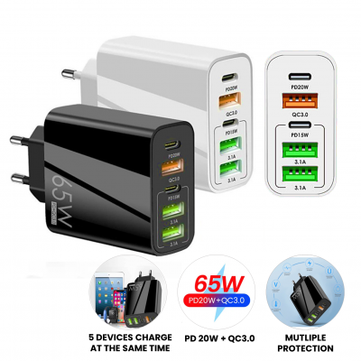 65 W USB adapter for EU socket, 2 × USB-C + USB-A