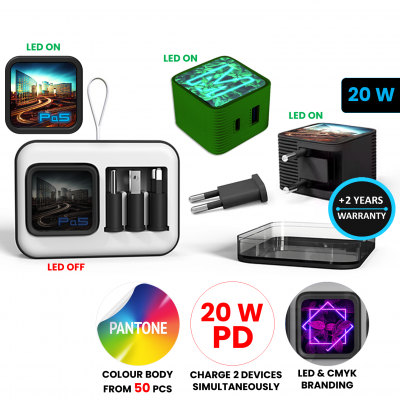 Travel adapter for socket, USB-C (PD 20 W) + USB-A, CMYK + LED logo