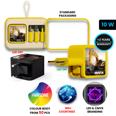 Travel adapter for socket, USB-C + USB-A, CMYK + LED logo