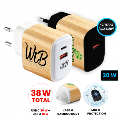 Bamboo USB adapter for EU socket, USB-C + USB-A