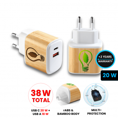 Bamboo USB adapter for EU socket, USB-C + USB-A, white colour (CLA1044)