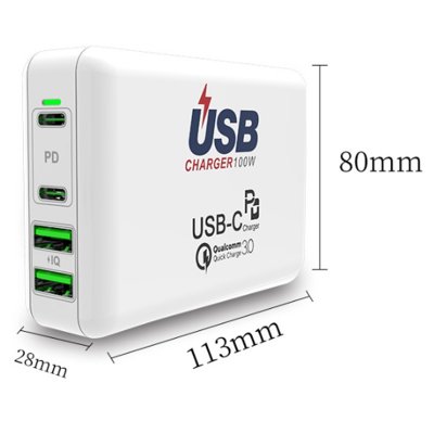 PD 100 W power adapter, 2 × USB-A, 2 × USB-C