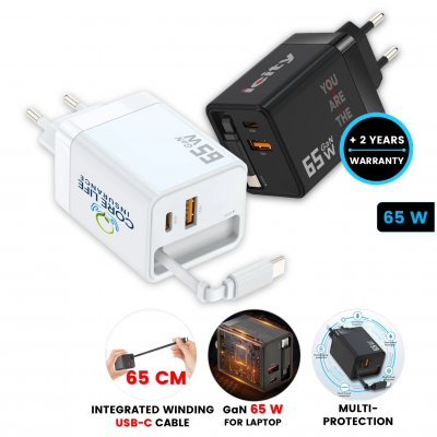 65 W USB adapter for EU socket UNICORD, with integrated USB-C cable + USB-A and USB-C