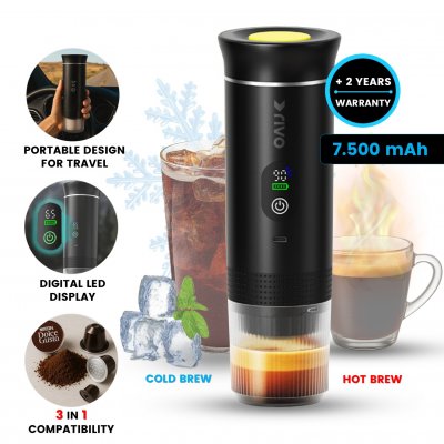 Portable mini coffee maker for capsules or ground coffee, with heating
