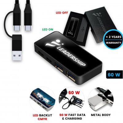 Data and charging USB hub with LED logo CMYK option, USB-A and USB-C, gift box