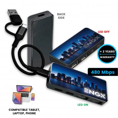 Data and charging USB hub with LED logo CMYK option, USB-A and USB-C, gift box