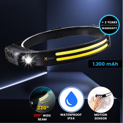 Headlamp with two LED light strips DUO, side light, and USB-C charging