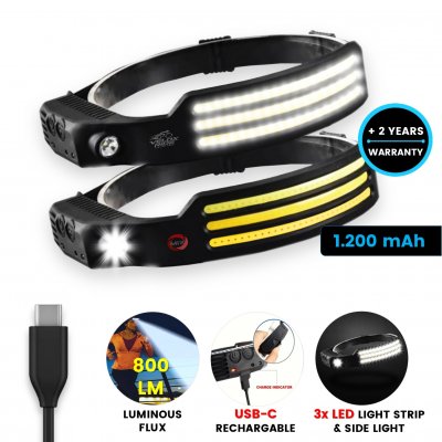 Headlamp with three LED light strips TRIO, side light, and USB-C charging