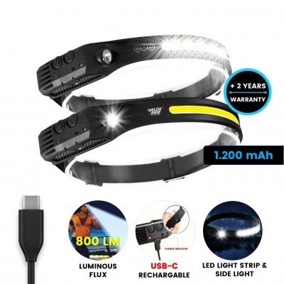 Headlamp with LED light strip and side light, with USB-C charging