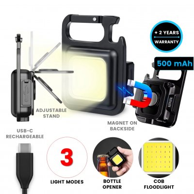 Multifunctional LED flashlight with stand, carabiner, and bottle opener
