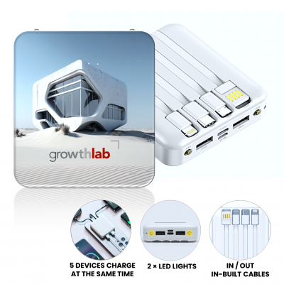 Dual power bank with all-in-1 cables 
and LED torch, 10000 mAh