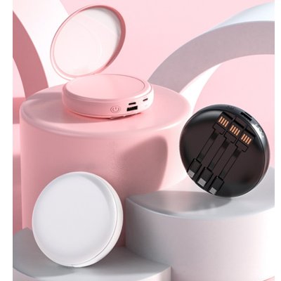 ROUND POWER BANK WITH MIRROR AND INTEGRATED CABLES, 10000 MAH