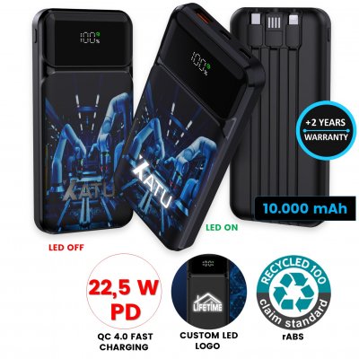 10000 mAh - power bank with integrated cables and LED display, QC 22.5 W, rABS (RCS)