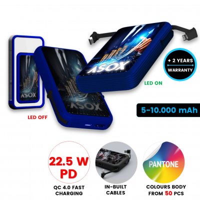 5000-10000 mAh - Power bank with QC 22.5 W, LED logo, CMYK, in custom colors